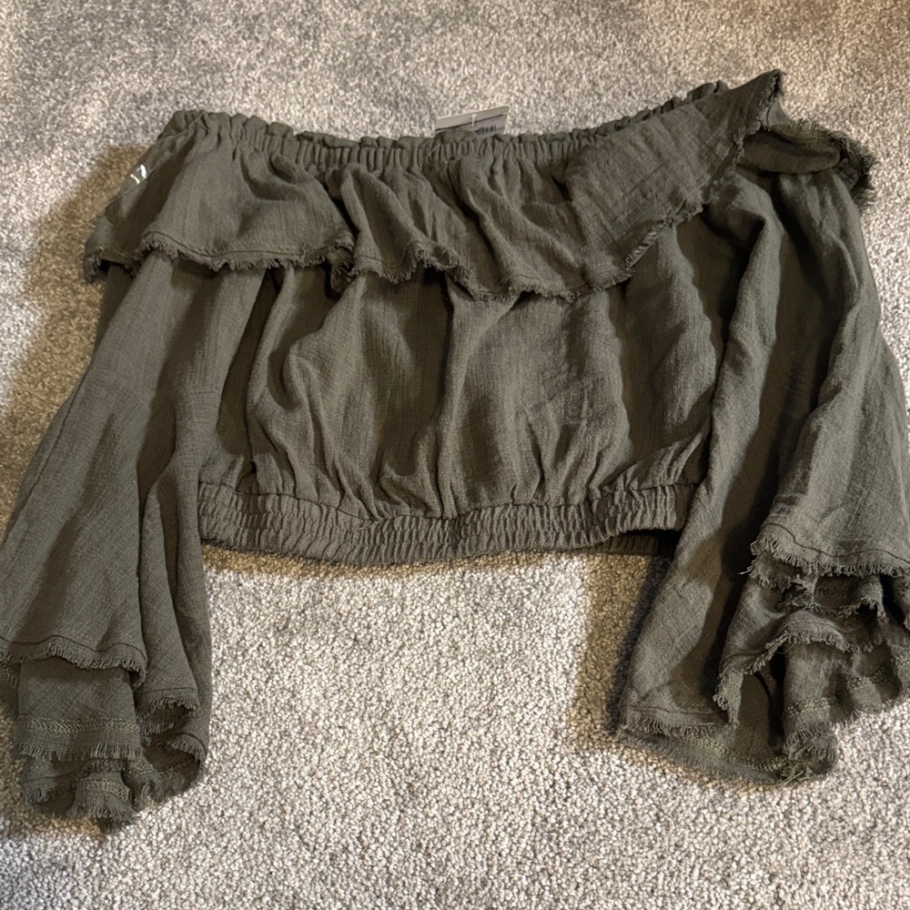 FAVLUX Olive Off-Shoulder Ruffle Blouse - Picture 4 of 4